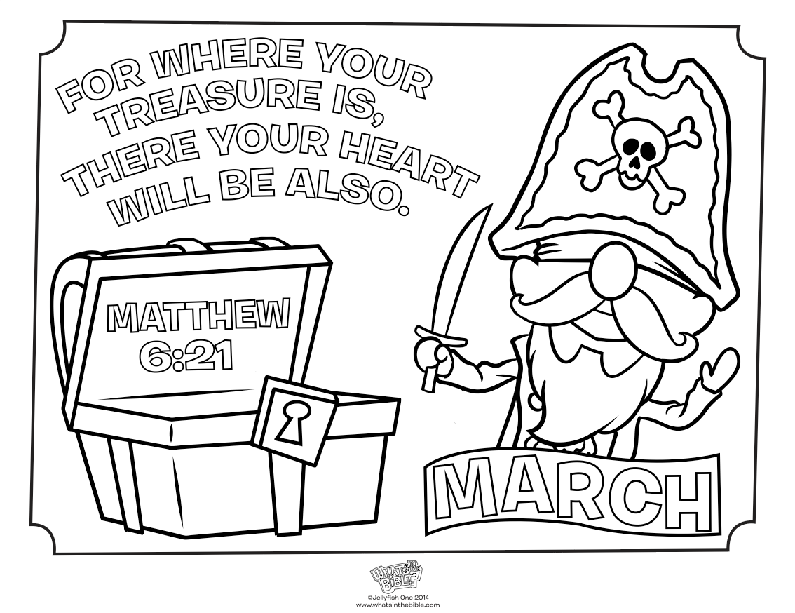 March Treasure Coloring Page - Matthew 6:21 - Whats in the Bible